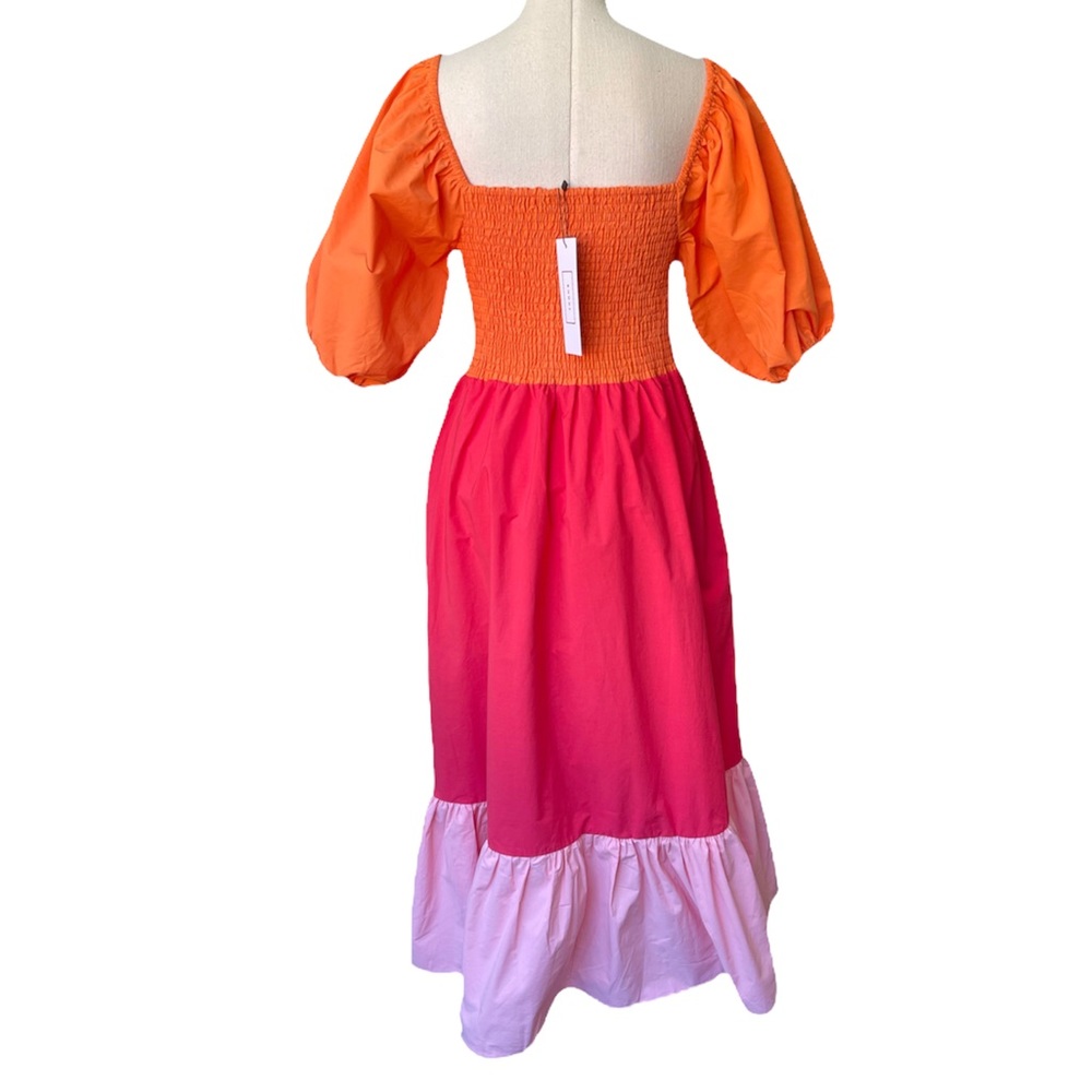 NWT Rhode Eloise Puff Sleeve Colorblocked Midi Dress in Clementine Multi - Picture 10 of 12